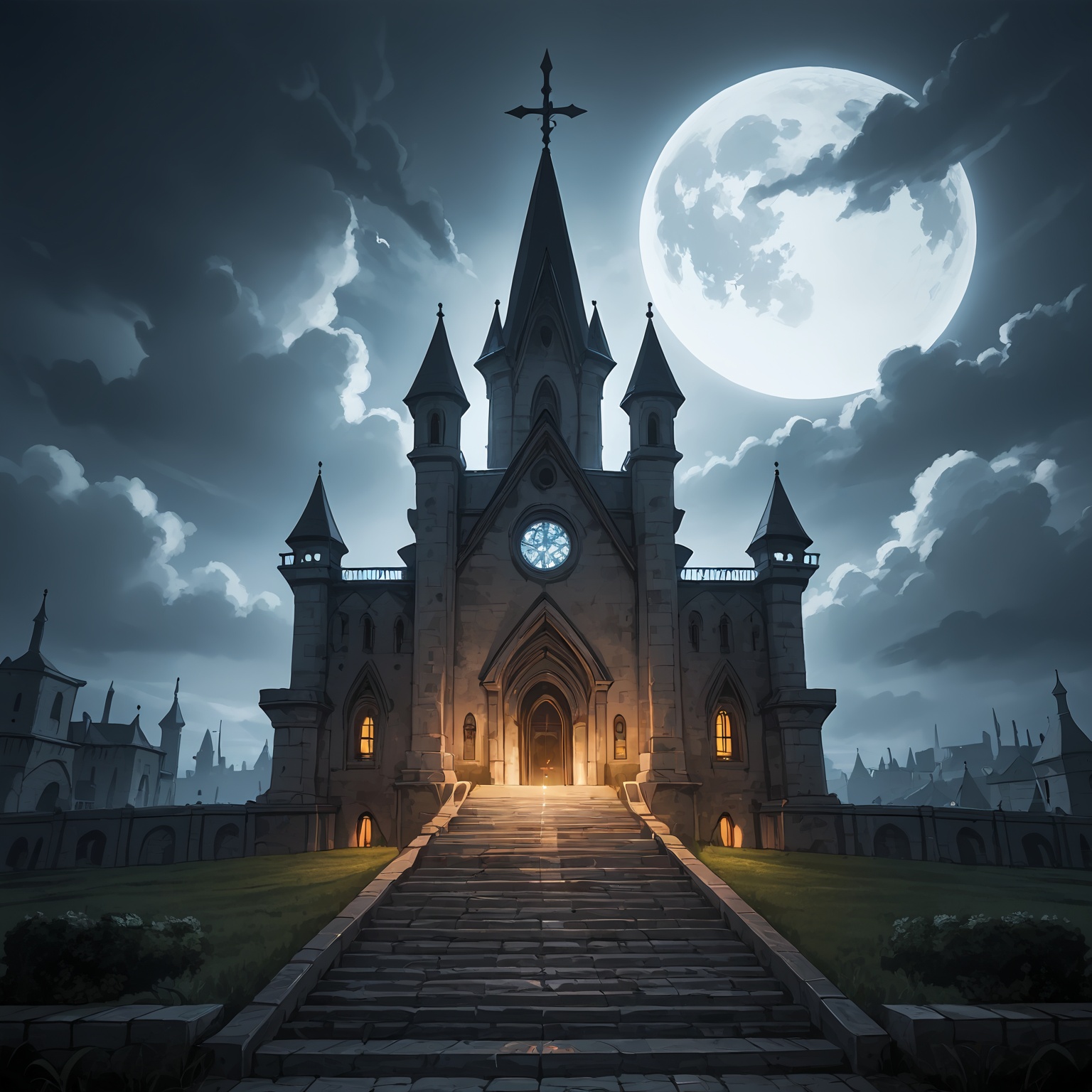 A breathtakingly detailed illustration of a Gothic-style,  dilapidated church,  set against a foreboding backdrop of a clo...