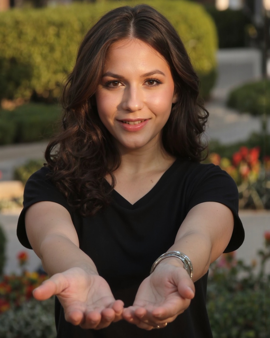 A portrait of erin_sanders captured in a candid moment outdoors during the golden hour. She is positioned with her hands o...