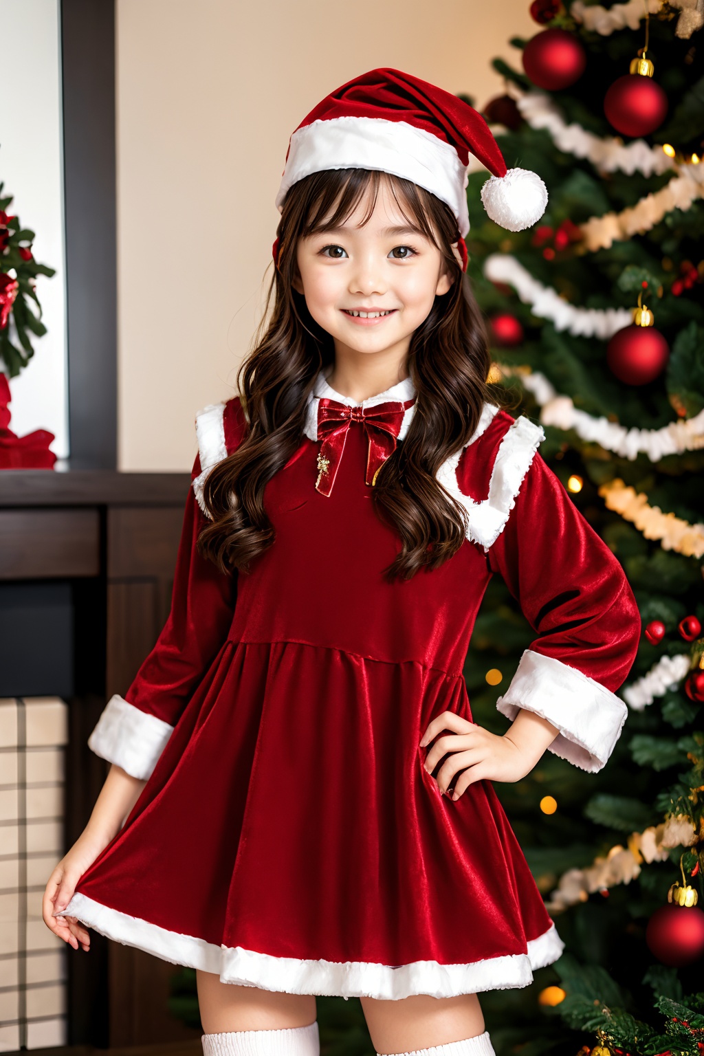 <lora:AgainChristmas_v1:1>, 1girl, christmas tree, solo, christmas, hat, gift, thighhighs, brown hair, santa hat, dress, christmas ornaments, long hair, red dress, teddy bear, stuffed animal, stuffed toy, brown eyes, hand on own hip, looking at viewer, fur trim, white thighhighs, box, santa costume, smile, gift box, long sleeves, fur-trimmed dress, standing, red headwear, indoors, realistic,