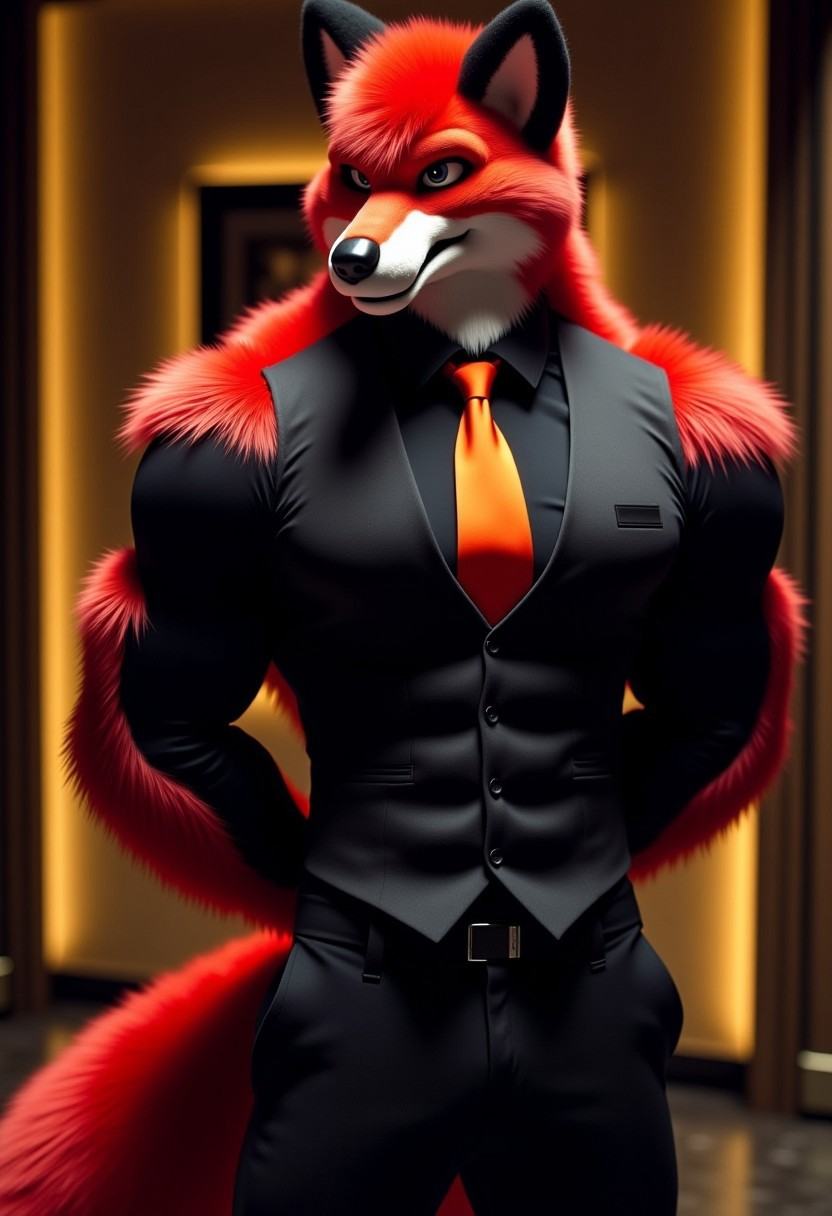 ***** male muscular fursuit fox, high, red fur, black long sleeve shirt, ((black dress vest)), (orange tie), hands behind back, with glasses, macheabel smile, robust body, broad torso, black pants, long fox tail, on an elegant background,