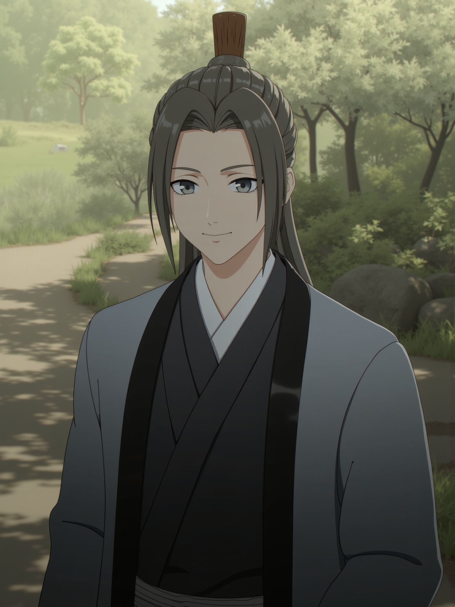 1boy,ancient chinese style,A man with black eyes and black hair,black chinese clothes,outdoors,smile