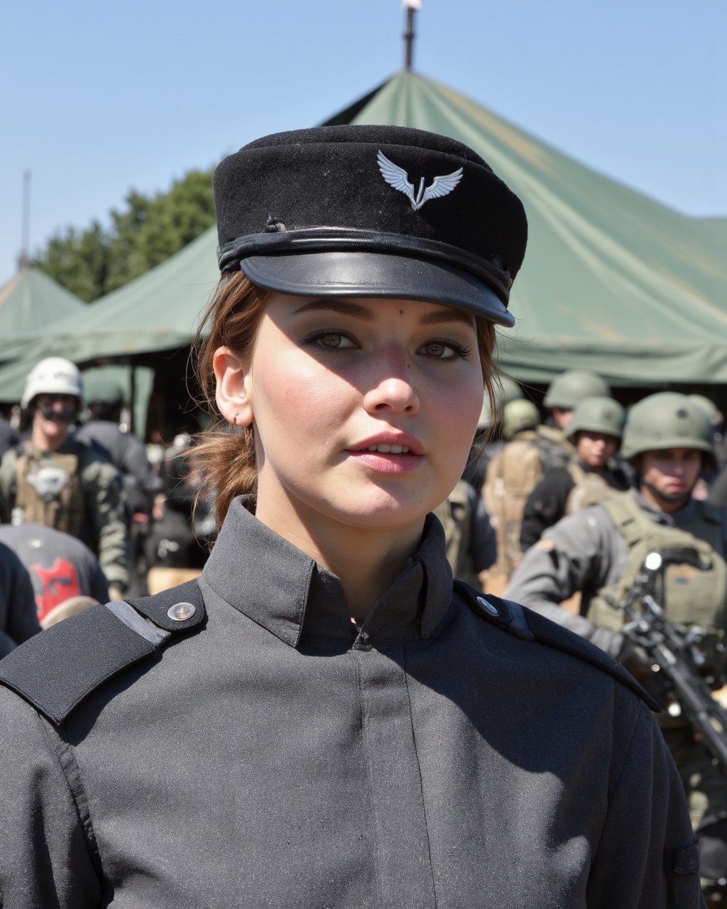 a close-up of jennifer_lawrence in military uniform standing in front of a group of soldiers. jennifer_lawrence,  who has...