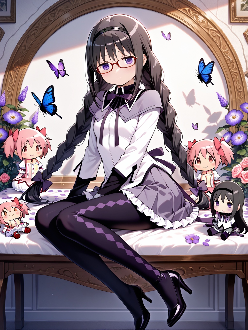 akemi homura,  red-framed eyewear,  long hair on Tensor.Art