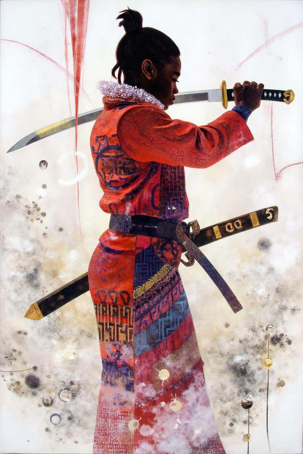mixed media collage.a female Japanese samurai warrior wielding a katana,  blending form with reality. Glitching the surrea...