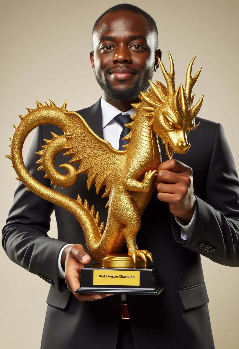 This image is a photograph featuring a person dressed in a formal suit,  holding a golden dragon trophy with both hands. T...