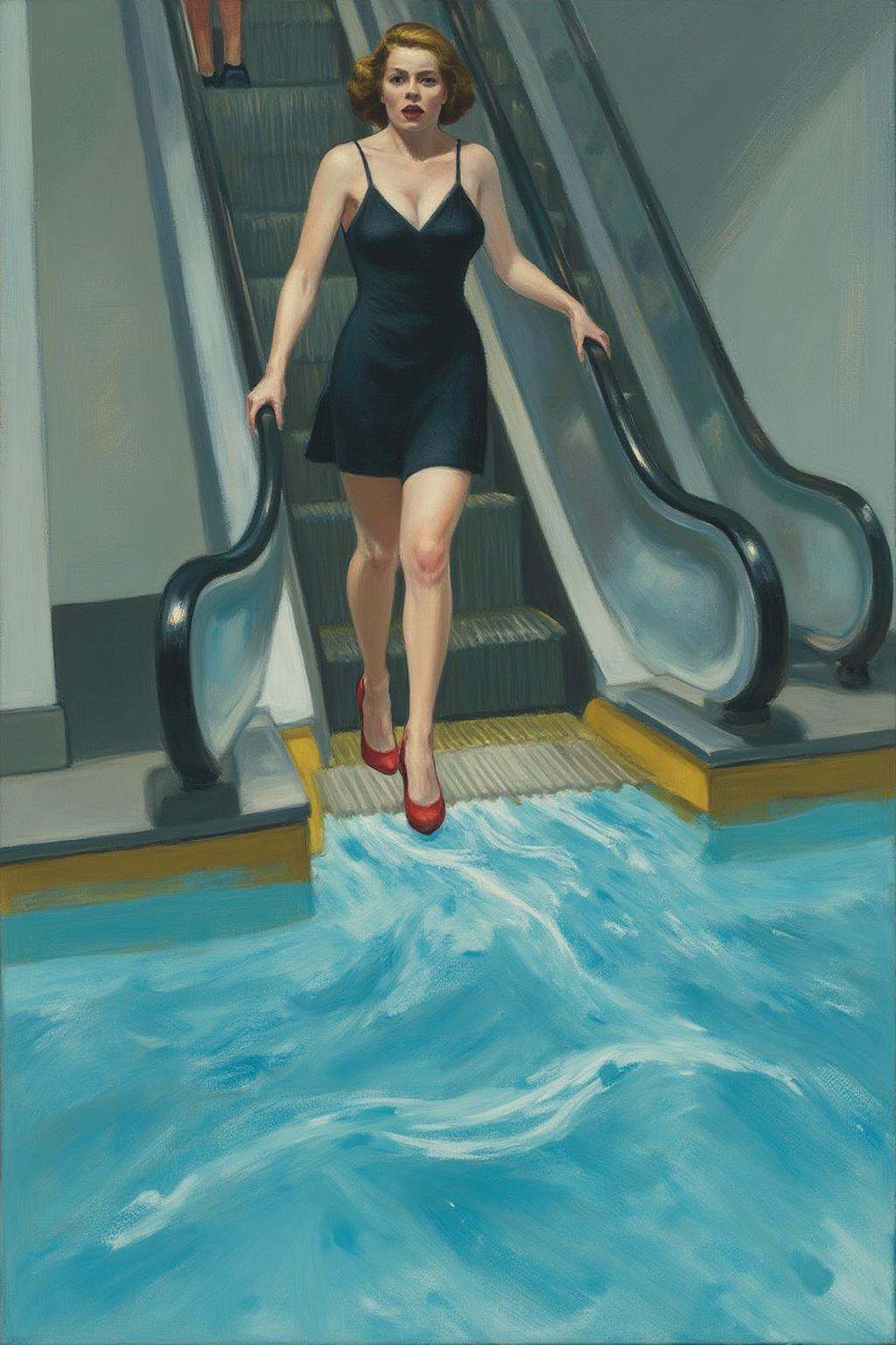 edwardhopper1 painting. A woman in a chic little black dress and red high heels,  gracefully descending an escalator. She...