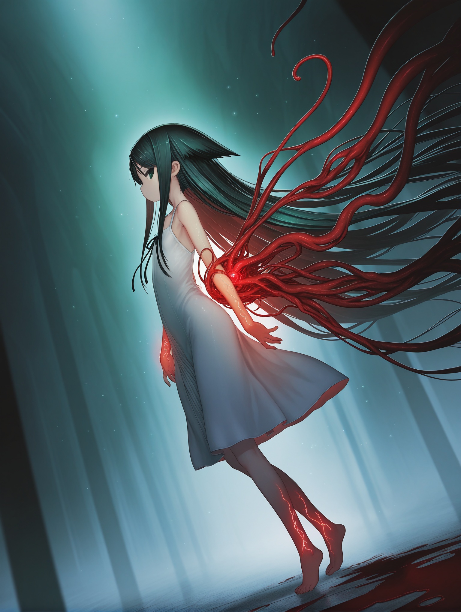 solo ,( saya ) , \(saya no uta , 1girl , bare shoulders , feet bare shoulders , black hair , black ribbon , blurry , blurry background , collarbone , dress , eldritch abomination ,flesh , from side , green eyes , long hair , profile , ribbon , sleeveless , sleeveless dress , very long hair , white dress ,from below , green theme , red theme , closed mouth , from side , full body , looking at viewer , looking to the side , dark , horror ethereal , melancholic , glowing control panels casting ,soft blue light, dreamy atmosphere surreal ,horrifying , flowing hair gently drifting in an eerie, unsettling atmosphere, vibrant green and red hues blending chaotically, organic and grotesque textures covering the environment, glowing veins pulsing faint light (floating hair:1.1), (chromatic aberration:1.2), (light particles:0.9), (muted colors:1.5), (vibrant colors:0.8), (bright colors:0.7), (glowing sparkles:0.5), (radiant reflections:0.3), (soft light rays:0.7), blood-red mist, glowing green tendrils, dark and oppressive ambiance,cinematic lighting , raytracing , dynamic angle , depth of field , high contrast , colorful , detailed light , light leaks , beautiful detailed glow , best shadow , shiny , intricate details , hyperdetailed , iridescent [artist:yayaziiii] , [artist:tsukushi akihito] , [artist:huke] , [artist:chuuou higashiguchi]                                                                                                                                                                                                                                                                                                                                                                                                                                                                                                                   ,masterpiece,best quality,amazing quality,