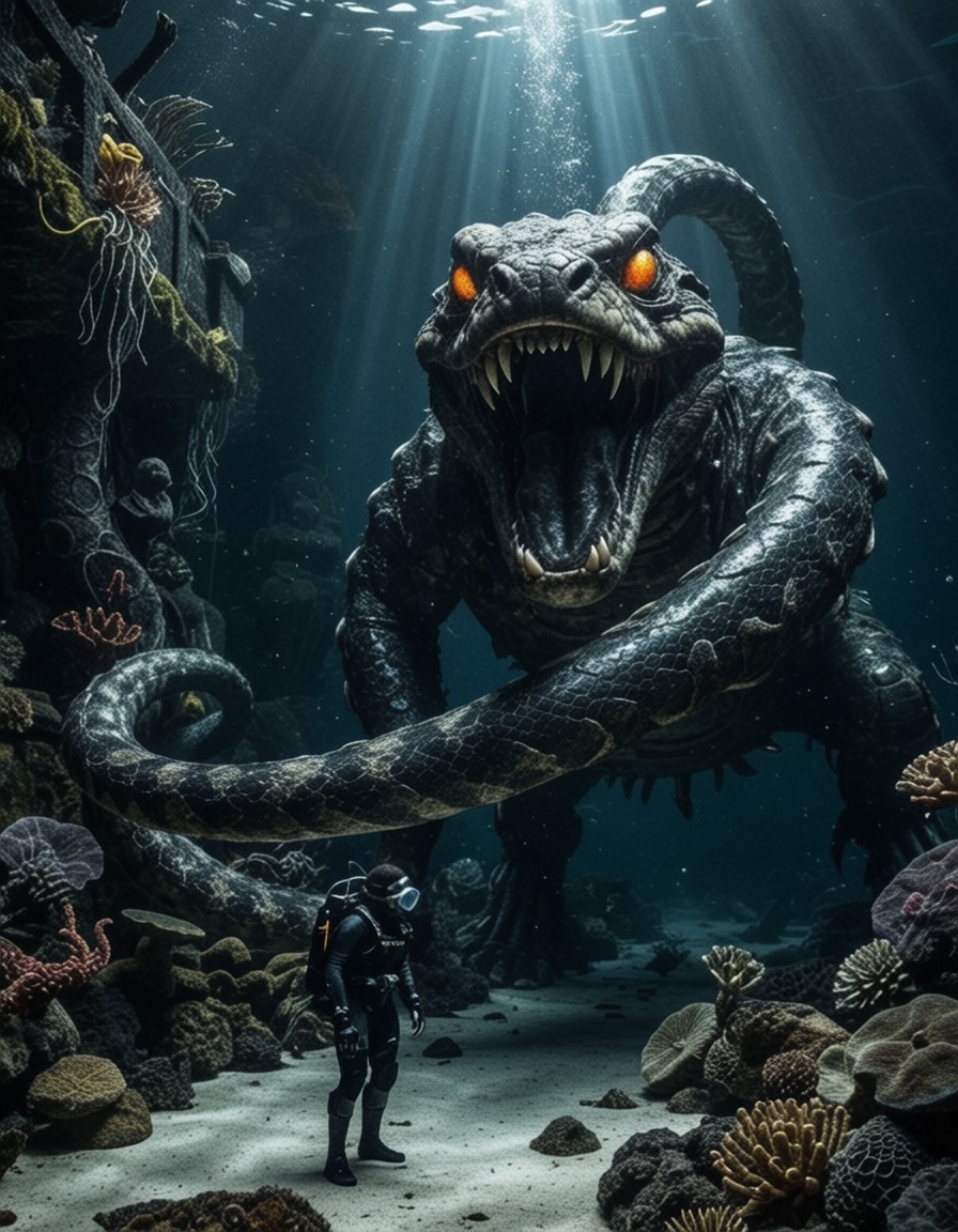 Small floating diver infront of a Massive snake serpent with Fangs and Glowing eyes,  Undersea Depths,  Air bubbles on Ten...