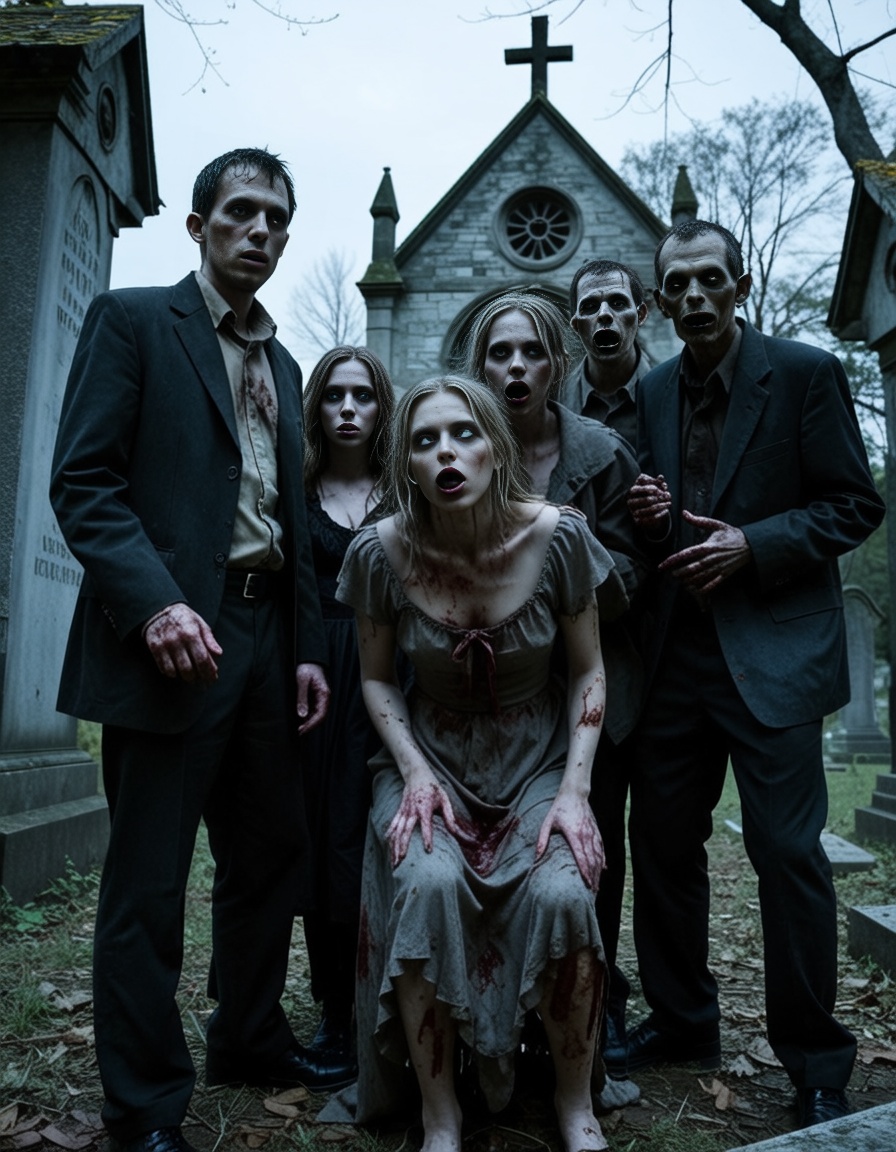 Capture a group of people dressed as zombies emerging from an abandoned,  overgrown graveyard at dusk. Use a 24-70mm f/2.8...