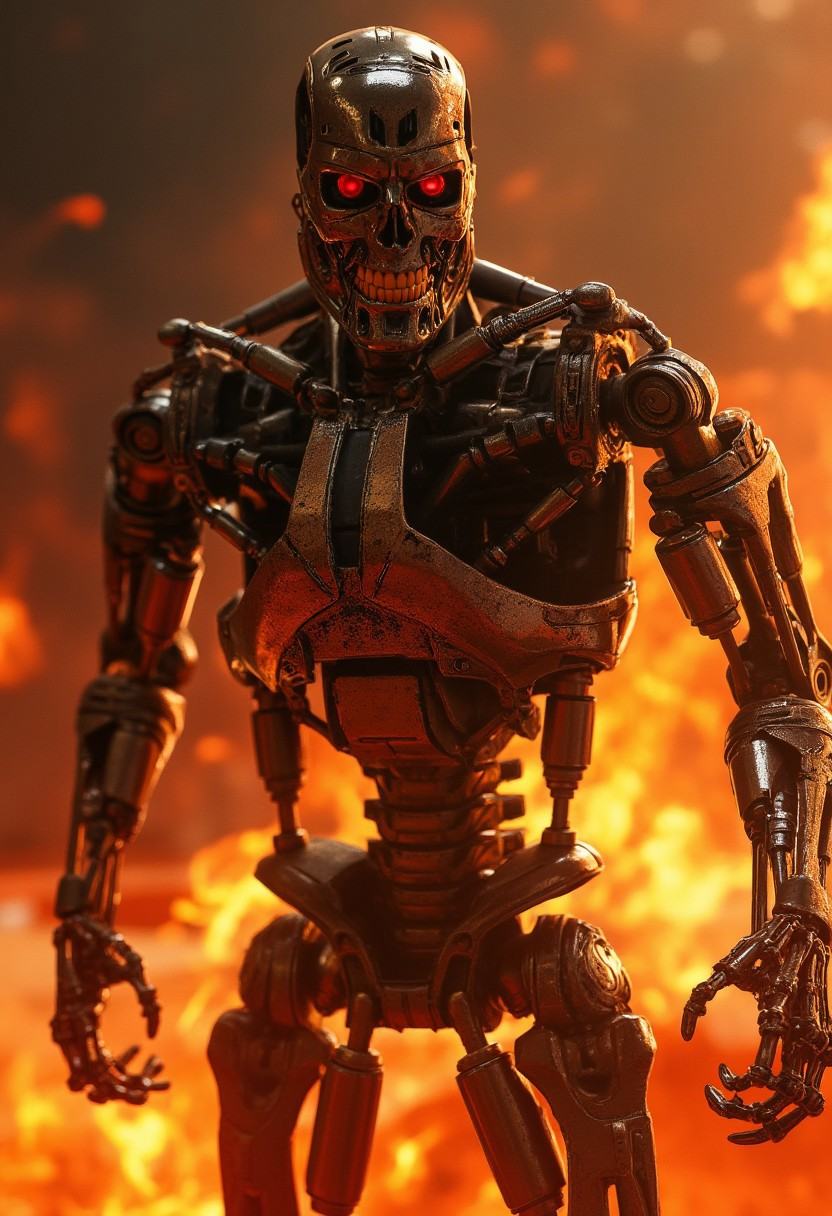 an upper body shot of a T800_Endo Terminator Robot with red eyes stands in a raging inferno of flames as he steps forth wi...