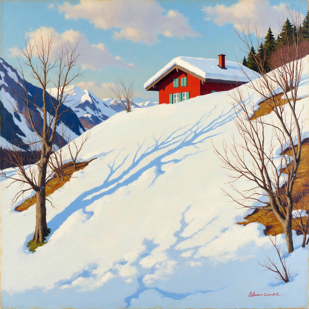 A vibrant oil painting by EdwardCucuel a snowy mountain landscape with a red-roofed chalet in the background. Snow-covered...