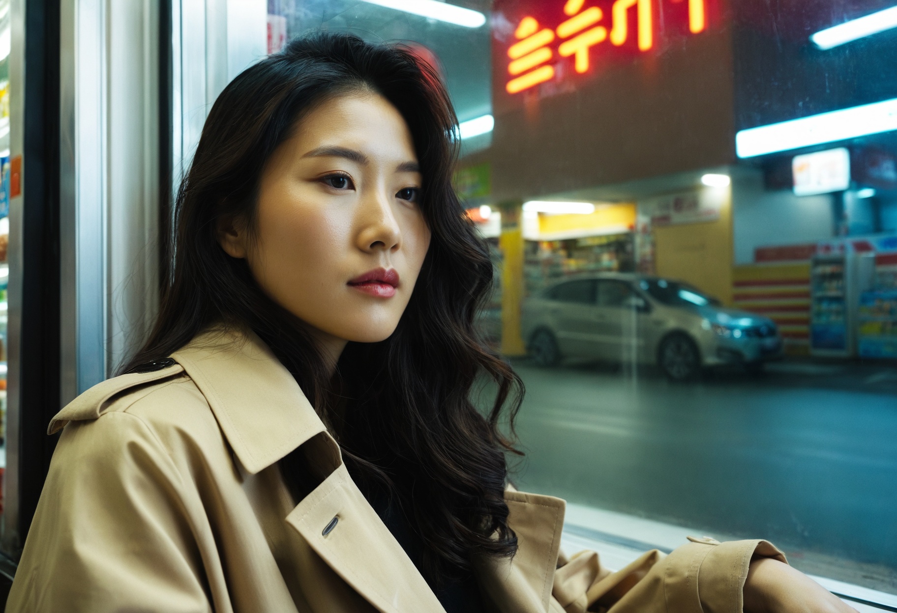A portrait captured with a Sony A7s II of a Korean woman in a tan trench coat,  sitting by a window in a convenience store...