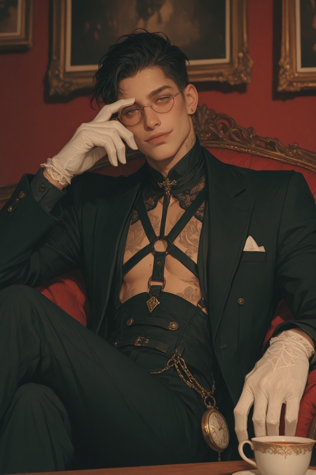1boy,  solo,  silk_robe_open (revealing_lace_harness) on Tensor.Art