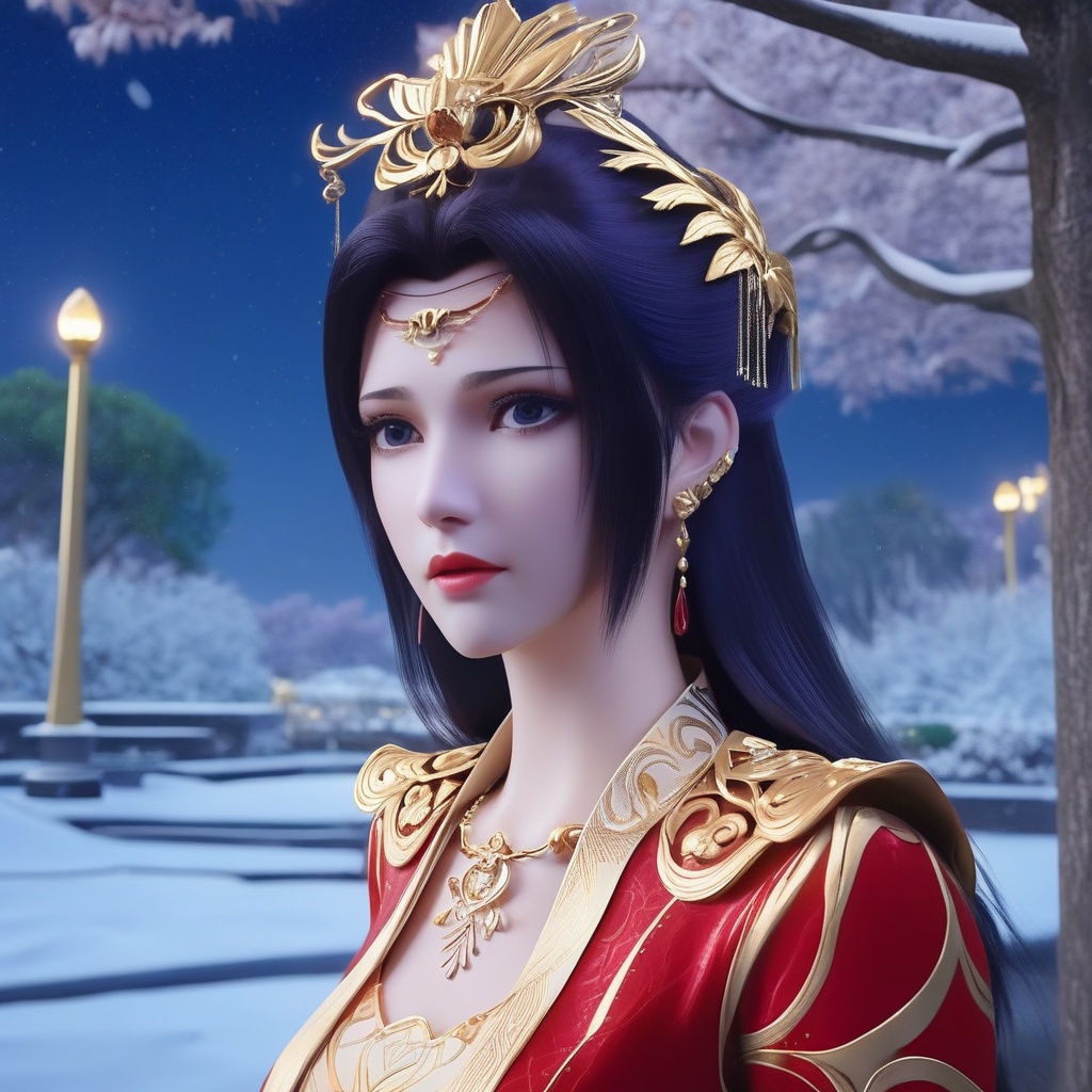 <lora:842-DA-XL-斗破苍穹-云韵-婚服:0.8>, (,1girl, ,best quality, ),,  picture-perfect face,   clean, masterpiece,     cinematic lighting, cinematic bloom, fantasy,  , unreal, science fiction, ((,1girl, pov,))(((,tree, 1girl, full moon,snowing,snow ,solo,     solo focus,  long_hair, looking_at_viewer,  )))  (rich:1.4,)     prestige, luxury, jewelry, diamond, gold, pearl, gem, sapphire, ruby, emerald, intricate detail, delicate pattern, charming, alluring, seductive, erotic, enchanting, hair ornament, necklace, earrings, bracelet, ,