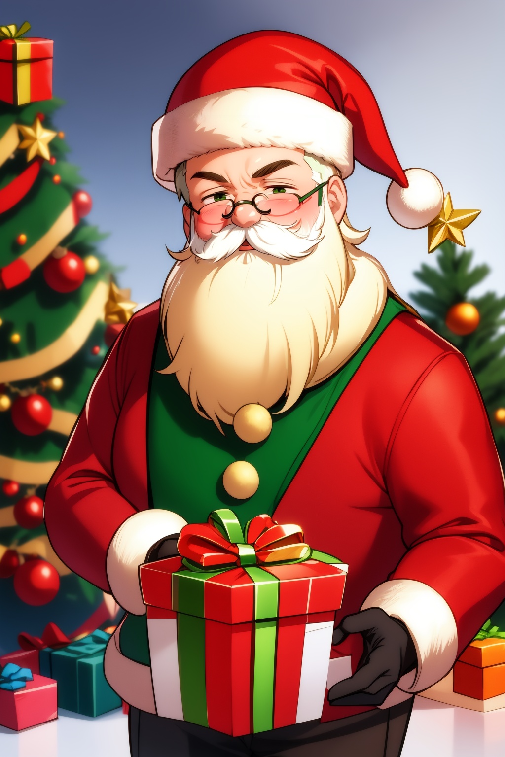<lora:AgainChristmas_v1:1>, santa claus, 1boy, hat, christmas, facial hair, male focus, christmas tree, gloves, beard, black gloves, solo, santa hat, mustache, gift