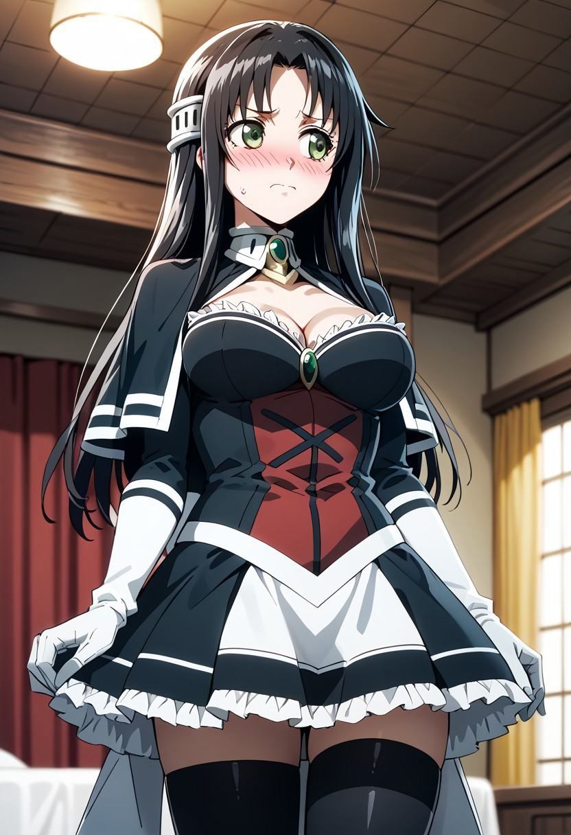 score_9,score_8_up,score_7_up,source_anime,Marguerite Farom,1girl,solo,breasts,blush,large breasts,skirt,hair ornament,gloves,dress,thighhighs,cleavage,medium breasts,standing,indoors,black thighhighs,elbow gloves,white gloves,looking to the side,zettai ryouiki,embarrassed,