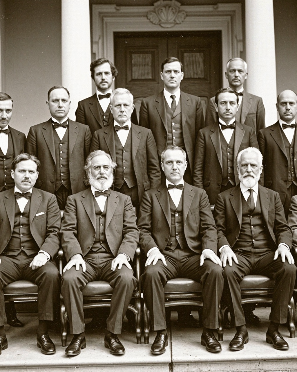 This is a historical photograph featuring a large group of men,  likely taken in the late 19th or early 20th century,  bas...