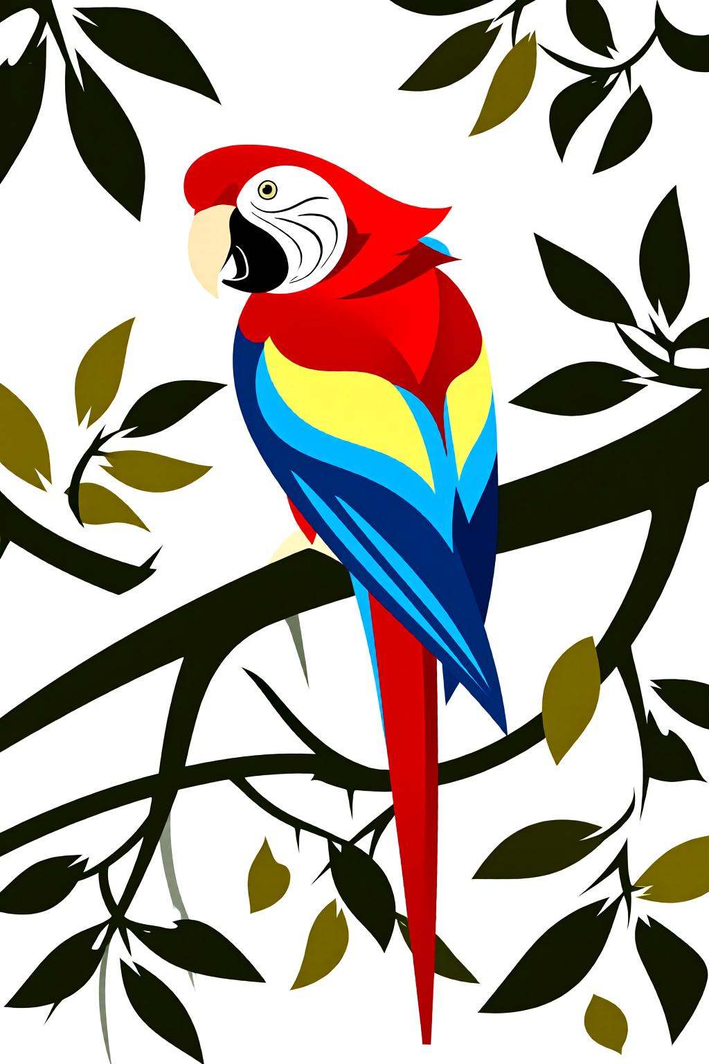 flatcolorvectorart2q illustration.A colorful parrot is sitting on a branch. The parrot has a red head and body,  with a ye...