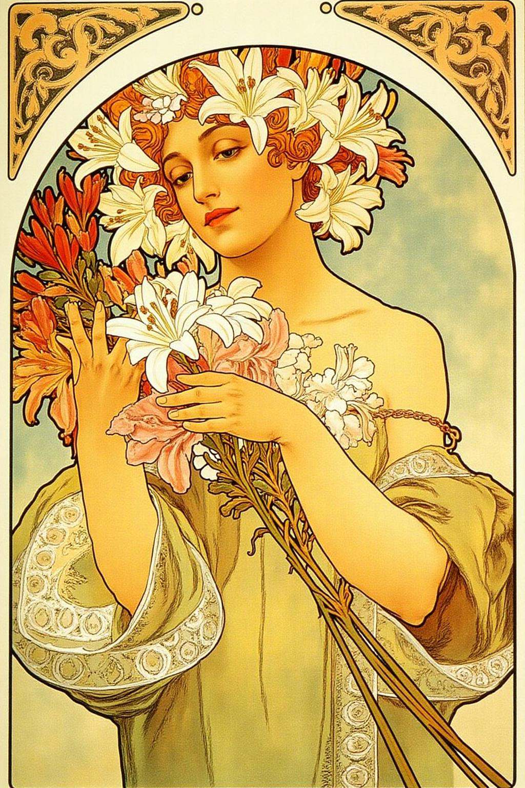 mucha1 illustrationA woman with a serene,  ethereal appearance. She is depicted with a delicate,  almost ethereal quality....