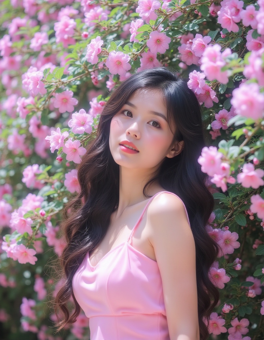 <lora:huajishaonv:1>,huaji,At eye level,a woman wearing a pink dress stands in front of a tree covered in pink flowers. Her hair is long and curly,and the background camera has a blurred effect,
