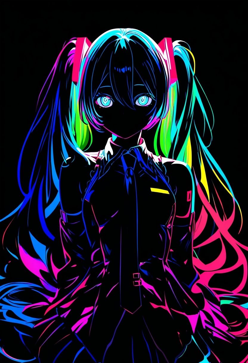Hatsune Miku,  limited palette,  black background on Tensor.Art
