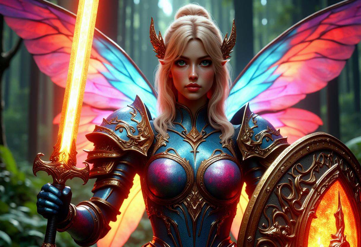 Cinematic realistic shot of a beautiful female fairy,  wearing shiny colorful magical armor,  in an attacking pose on Tens...