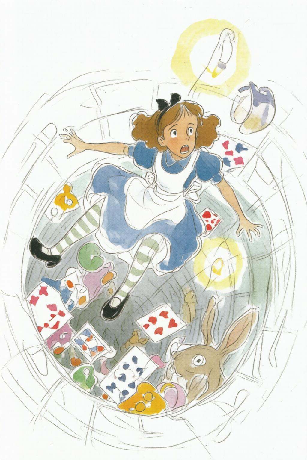 hayaomiyazaki3q illustration.Overhead view of Alice in Wonderland falling into the rabbit hole,  with her legs dangling be...