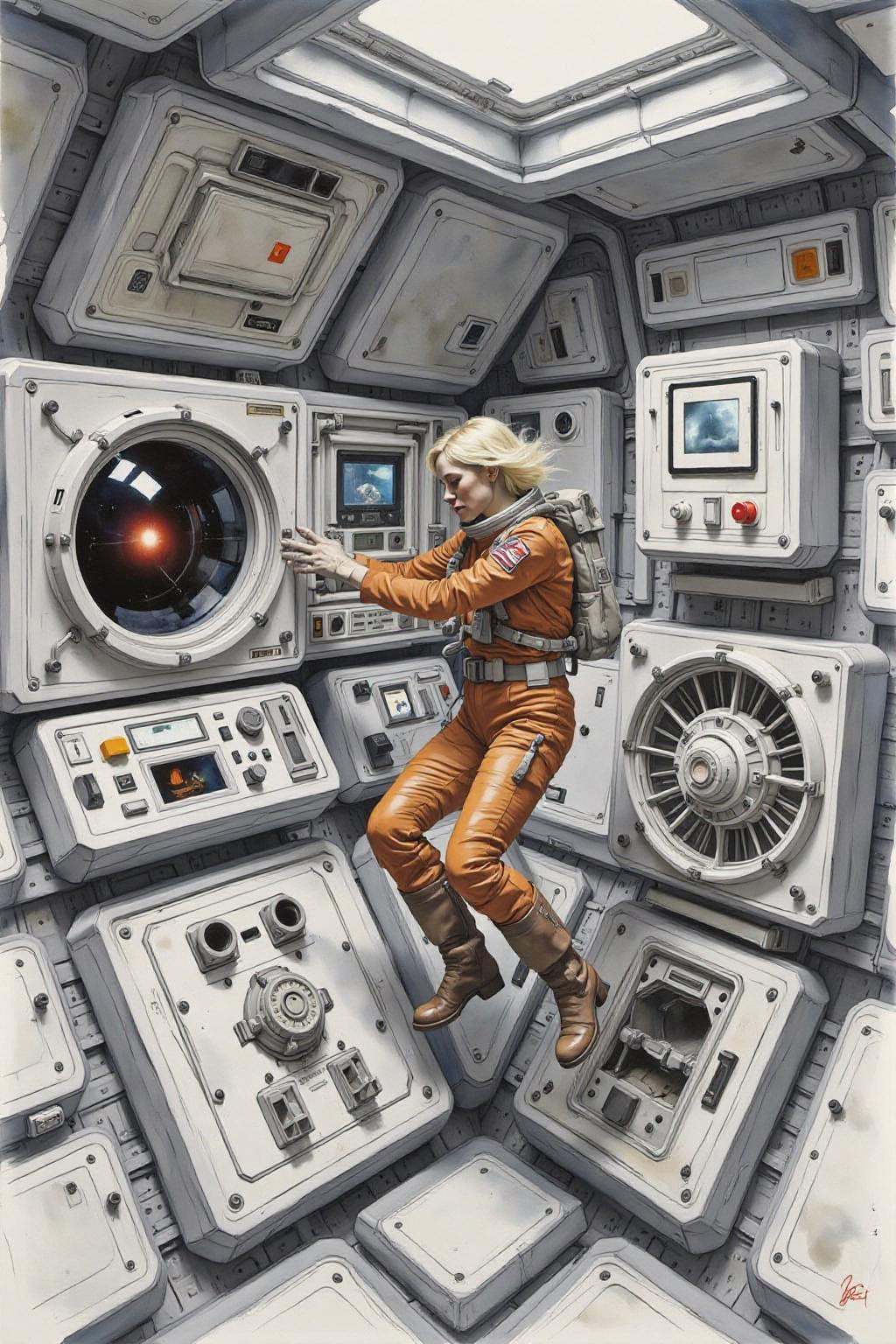 yawc1 watercolor. Overhead sideview of a blonde woman dressed in a orange spacesuit and heavy boots,  is carefully re-enac...