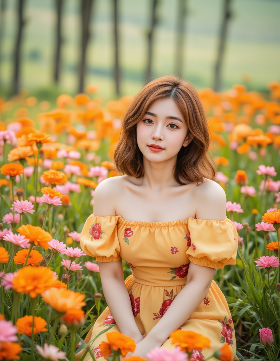 A young asian woman with fair skin and shoulder-length,  wavy auburn hair sits in a field of blooming orange and pink flow...