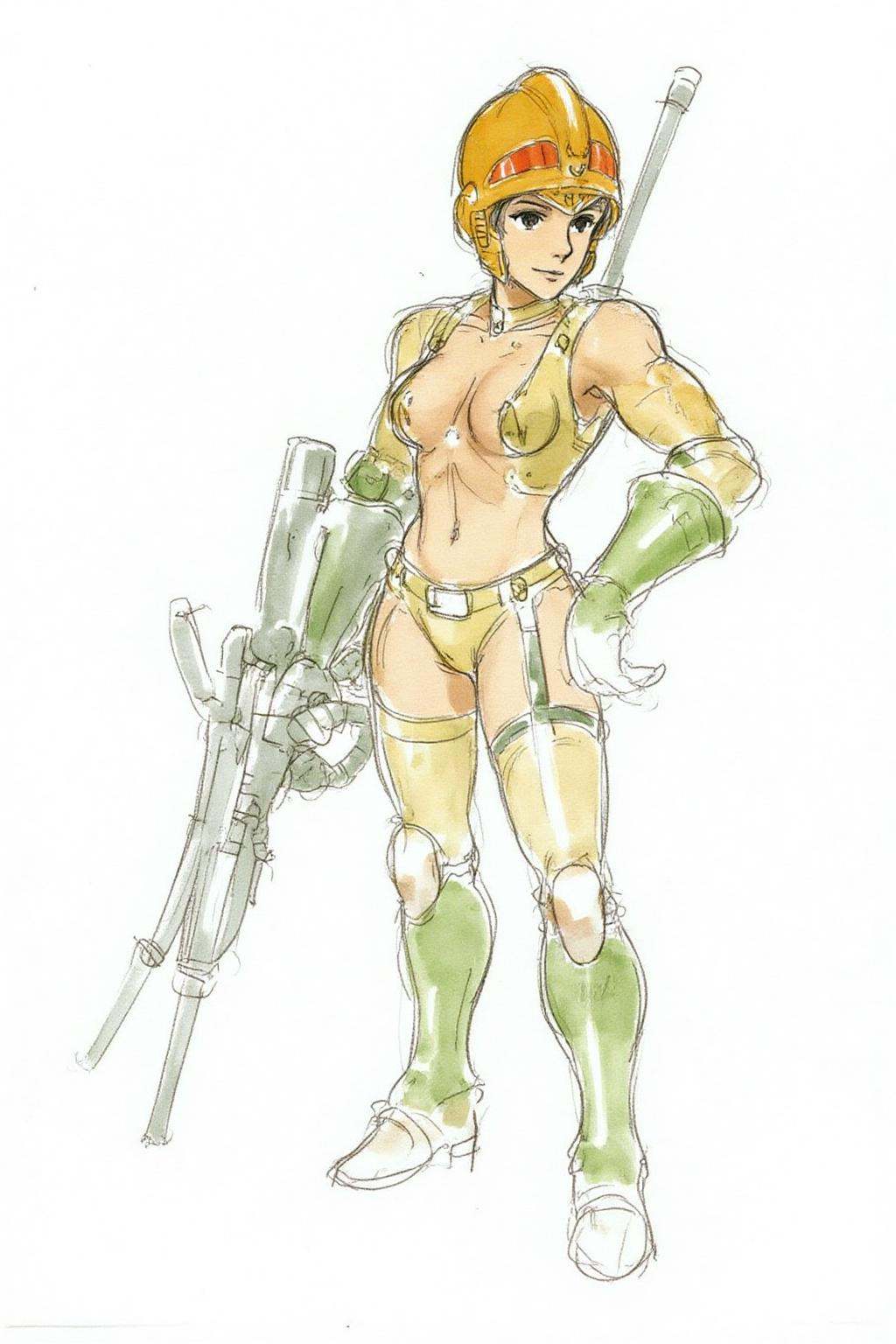 hayaomiyazaki2 illustration The subject is a female cyborg with a muscular,  athletic physique. She is depicted in a provo...