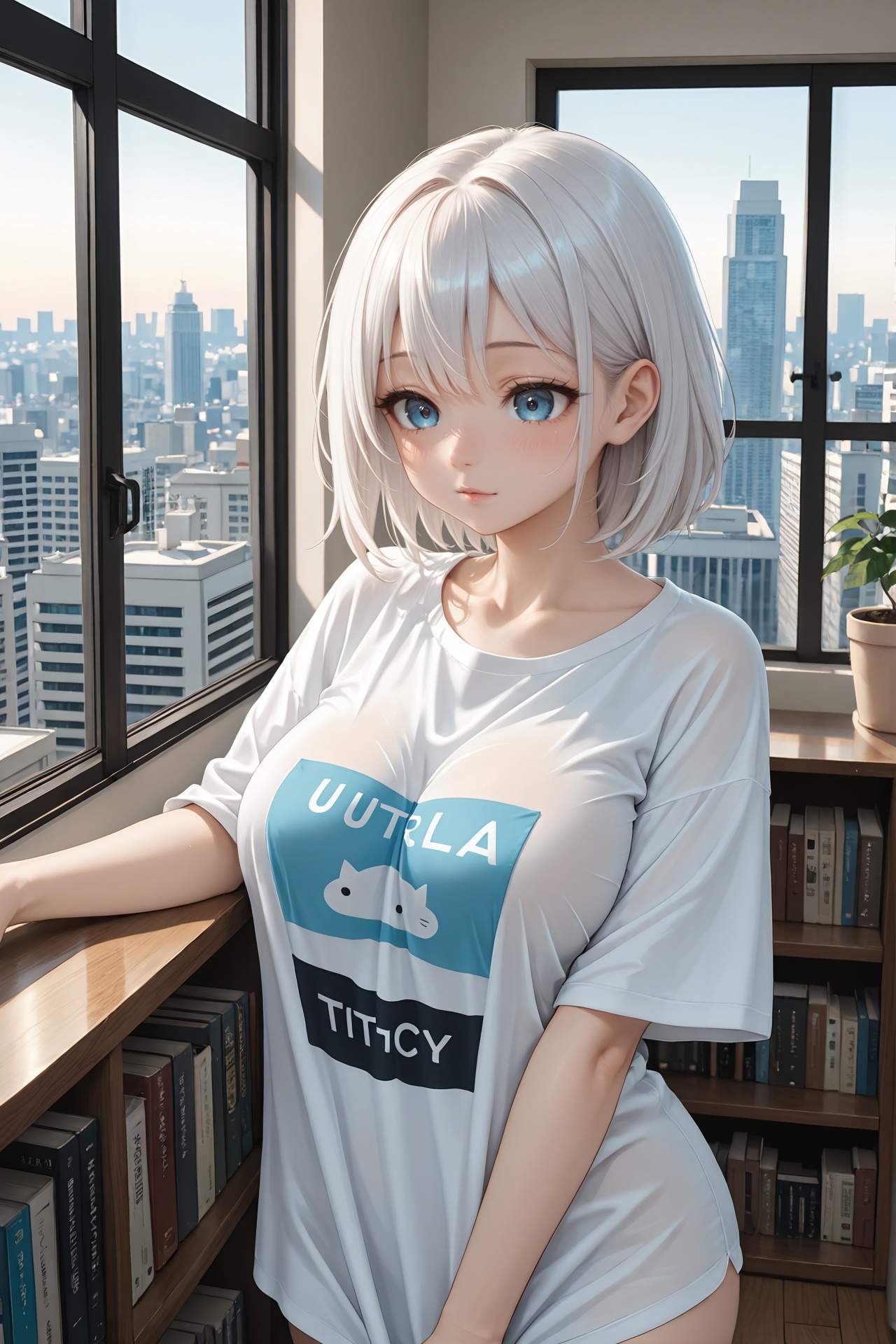 cute lady reading a book in an apartment of a high building,  dressed in an oversized T-shirt,  a big window that allows t...