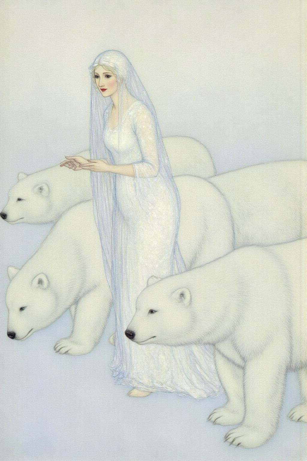dulac1 illustration. A Snow Queen with an ethereal appearance. She is dressed in a flowing,  long white gown that seems to...