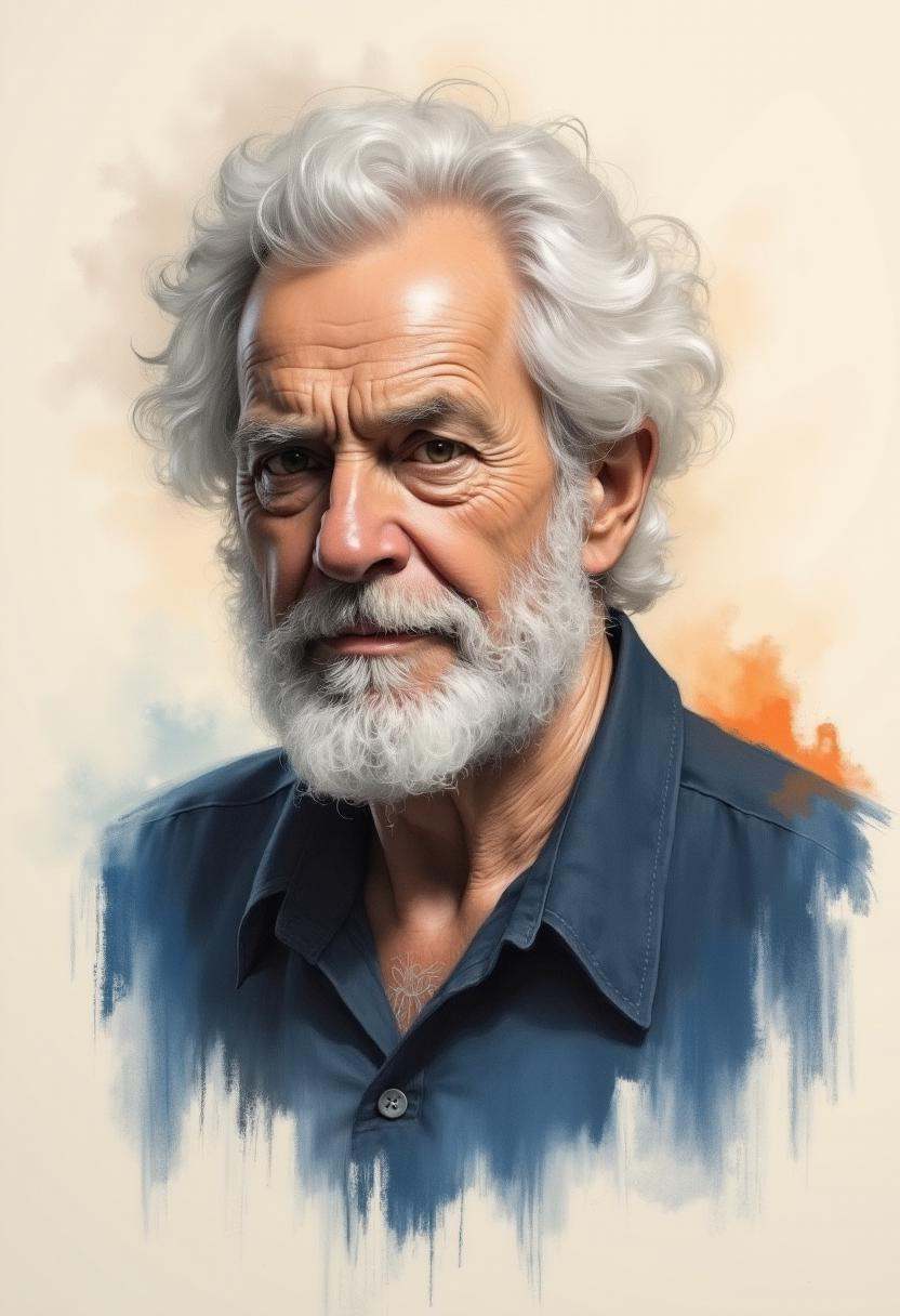 Charcoal and chalk drawings of a portrait of an elderly man with a white beard and mustache. He has a serious expression o...