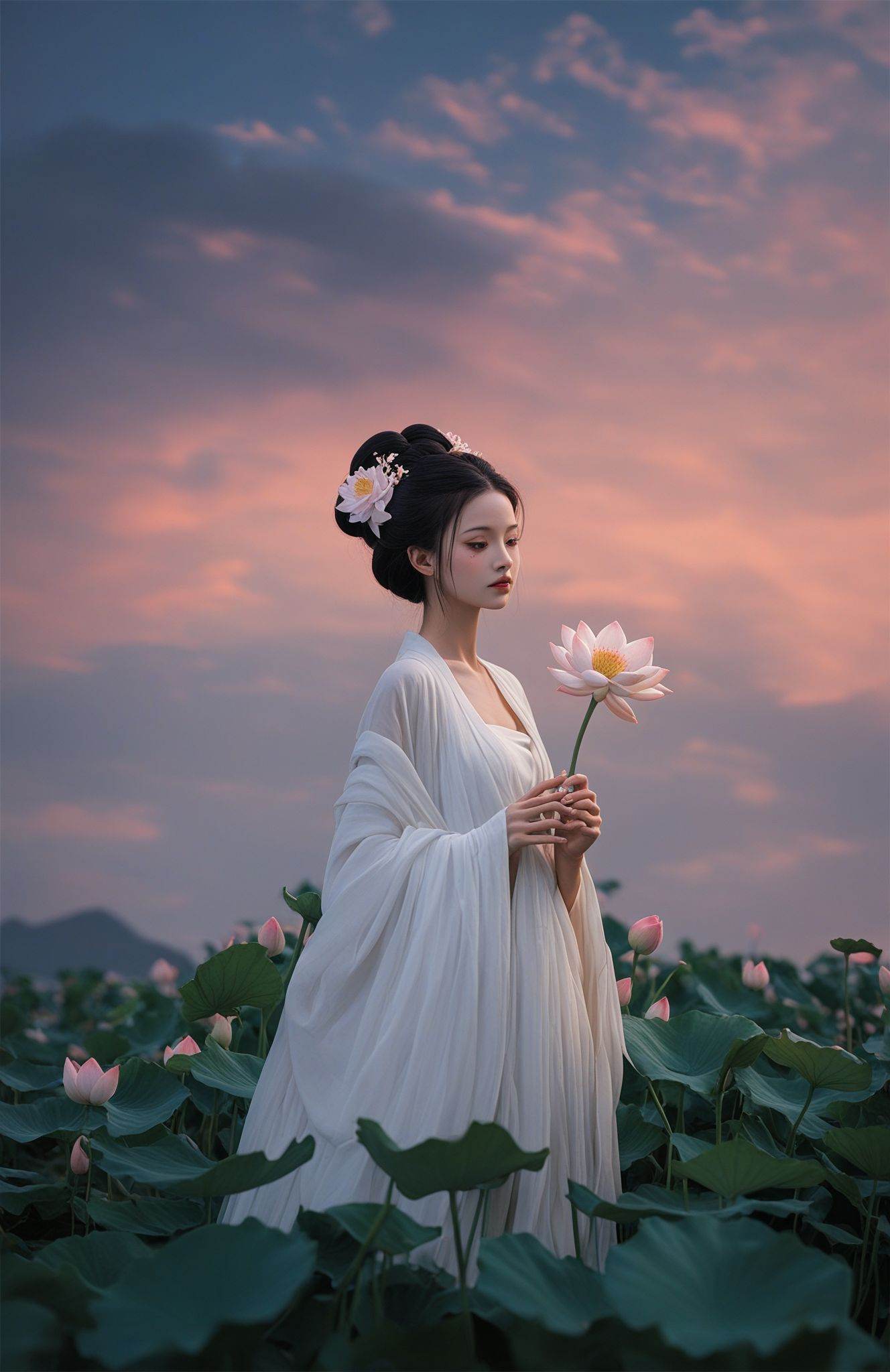 score_9,score_8_up,score_7_up,score_6_up,score_5_up,hanfu, In the evening, a beautiful Chinese girl dressed in white Hanfu, holding a lotus flower in her hand, sat quietly on the cloud, quiet and solemn, her appearance made this celestial scene more fresh and fresh.
