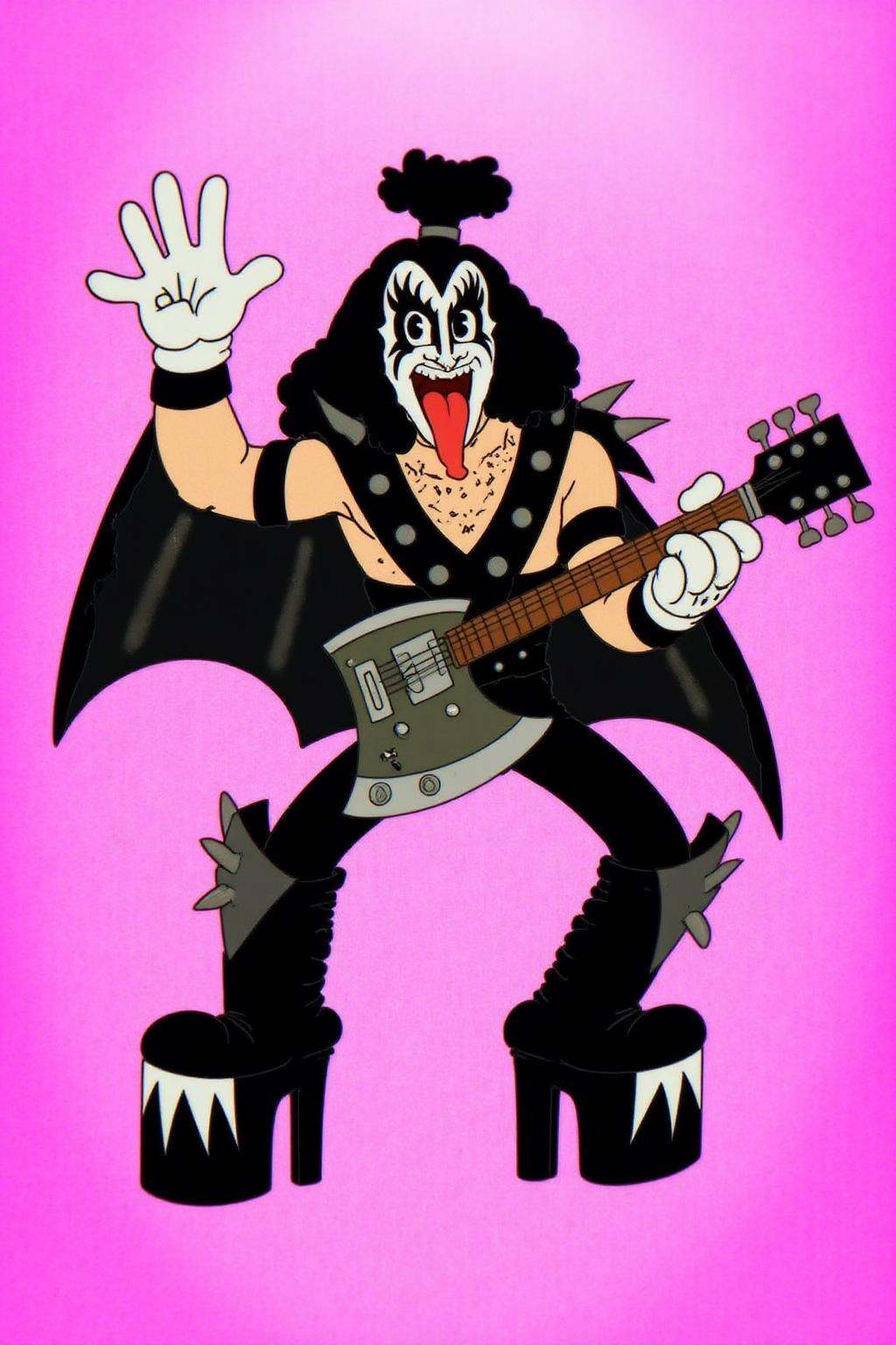 rubber hose animation style.Gene Simmons from the rock band Kiss is playing an electric guitar,  wearing a black leather j...