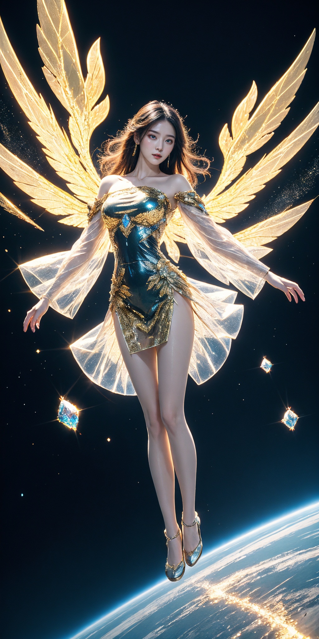1girl, see-through white chinese clothes, off-shoulder dress, see-through short skirt, white see-through cyborg, gem cyber, solo, and flowing hair, armored, white see-through bodysuit, glowing, wings, outdoors, thighs, gem, gradient, mirror fragment, gem fragment, (flying on sky:1.2), space, planet, astral, light particle