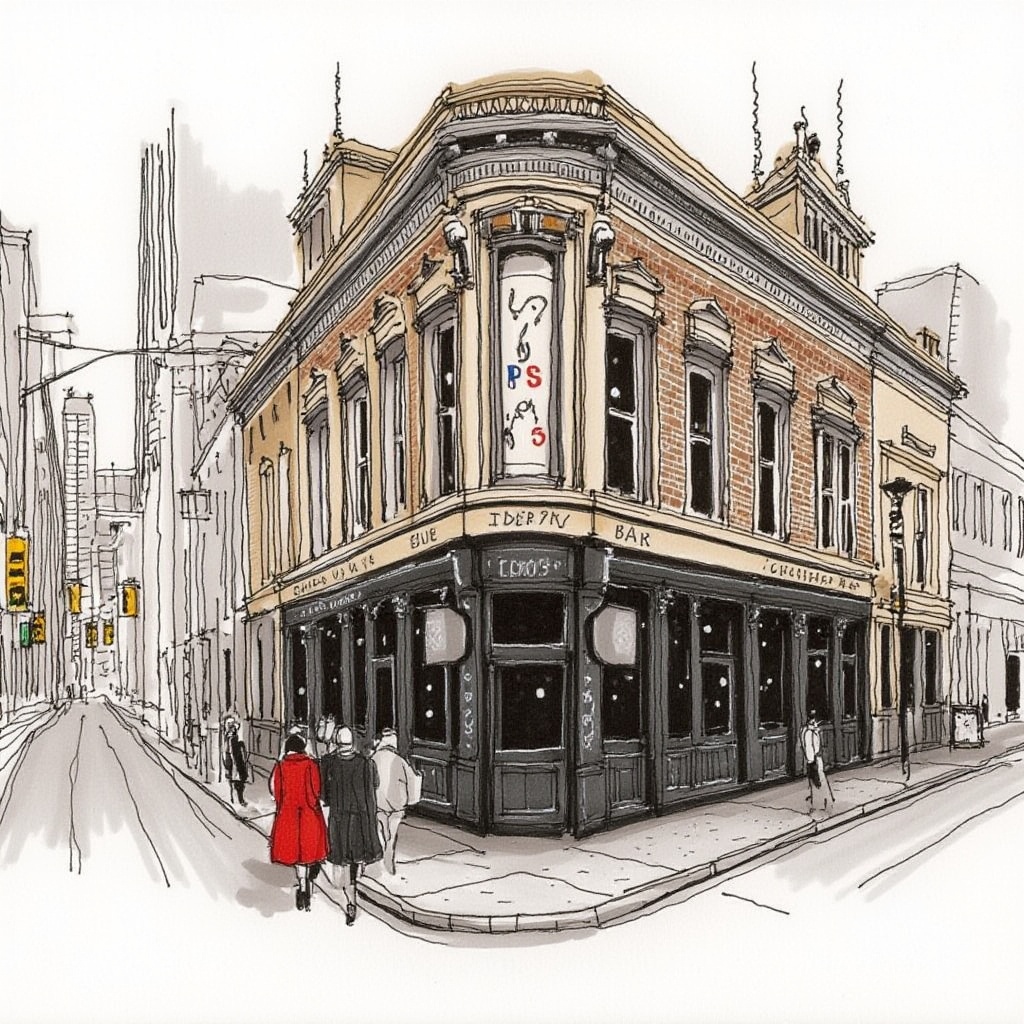 A detailed watercolor and ink drawing of a city street scene, featuring a three-story building with a brick facade and a large, triangular pediment. The building has a sign that reads "Pops Cider Bar." A couple is walking by the entrance, the woman wearing a bright red coat and the man in a dark overcoat. The street is lined with tall buildings, and there is a traffic light visible in the distance. The drawing has a sketchy, hand-drawn quality, with loose, fluid brushstrokes and a muted color palette., <lora:flux_速写风格_建筑画:1>