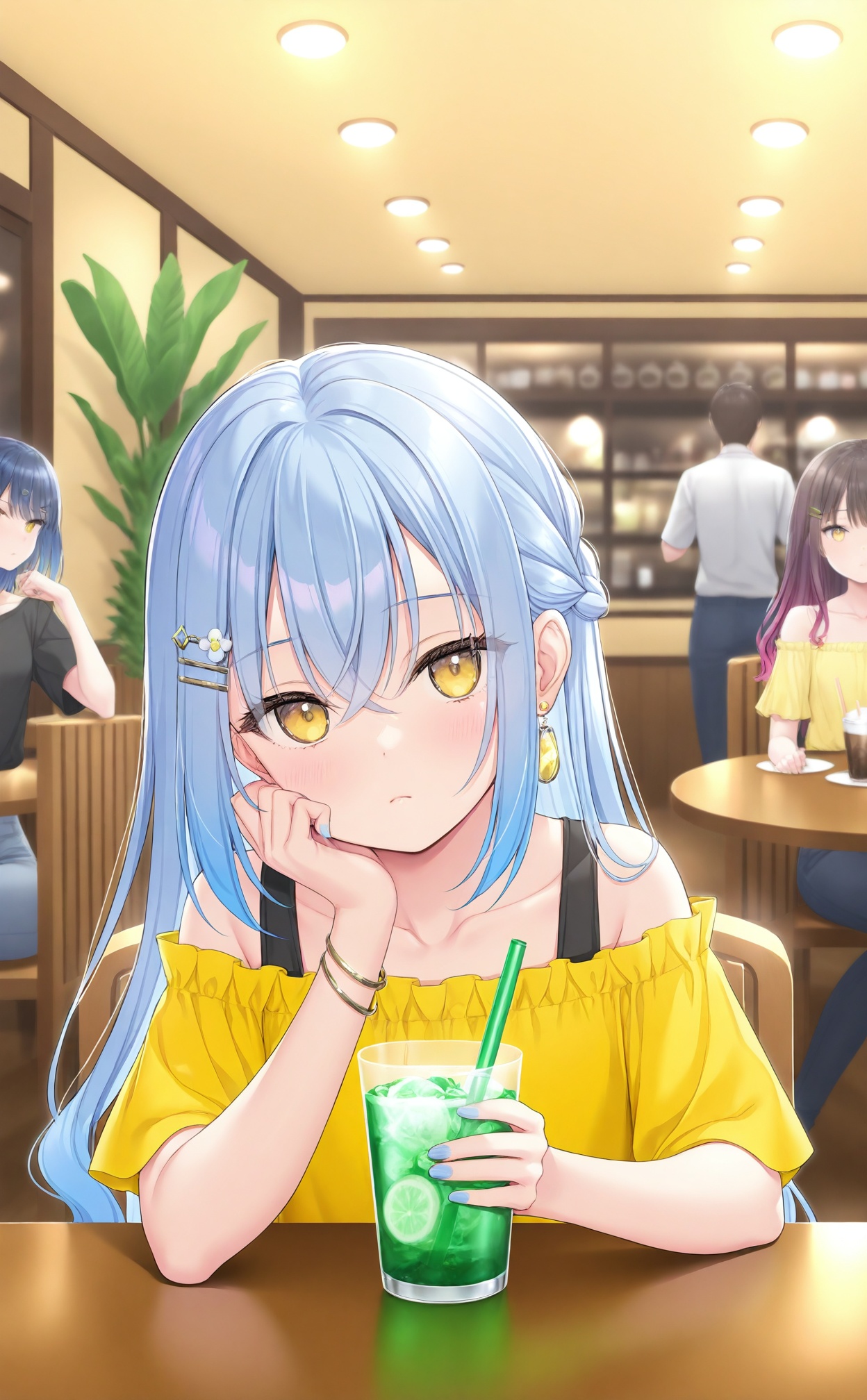 masterpiece,best quality,high quality,loli,hair ornament,cafe,shirt,sitting,long hair,blue nails,drinking straw,closed mouth,yellow eyes,off-shoulder shirt,solo focus,multiple girls,jewelry,holding,indoors,eyelashes,blue hair,collarbone,nail polish,cup,earrings,hairclip,casual,off shoulder,blurry,hair between eyes,straight-on,table,braid,blurry background,looking at viewer,bare shoulders,holding cup,eyes visible through hair,gradient hair,black shirt,frilled shirt,restaurant,frills,multicolored hair,3girls,yellow shirt,fingernails,bracelet,chair,very long hair,drinking glass,frown,1boy,short sleeves,drink,food,sidelocks,wavy hair,plant,