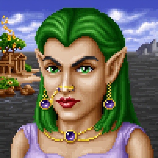 Original HoMM2 style portrait of an elven sorceress with light green hair flowing gracefully over her shoulders and split...