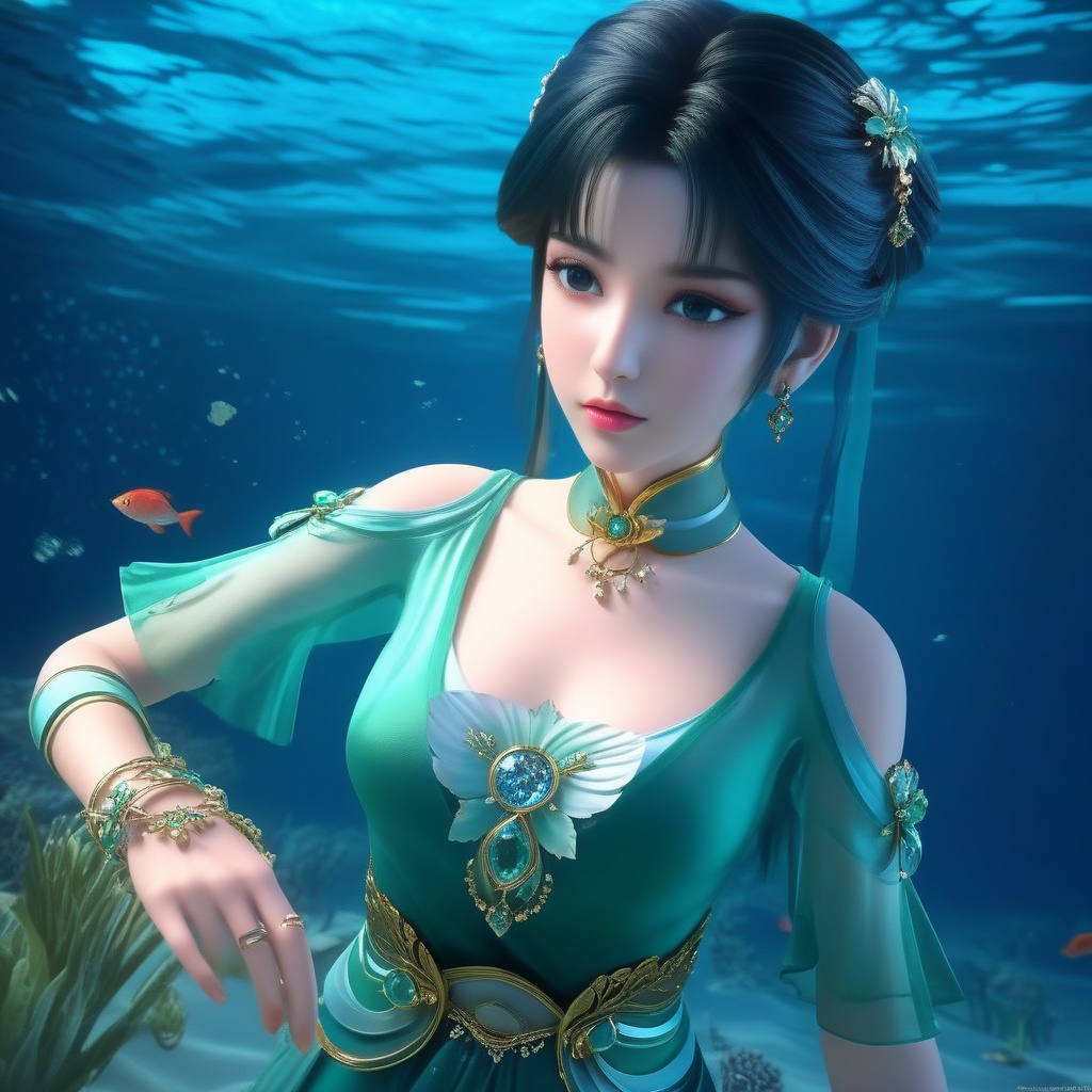 <lora:834-DA-XL-诛仙-碧瑶:0.8>, (,1girl, ,best quality, ),,masterpiece, ((((, solo,  , ,solo focus, ,underwater, )))) ,ultra realistic 8k cg,   clean, masterpiece,     cinematic lighting, cinematic bloom,  (( , )),, , unreal, science fiction, luxury, jewelry, diamond, gold, pearl, gem, sapphire, ruby, emerald, intricate detail, delicate pattern, charming, alluring, seductive, erotic, enchanting, hair ornament, necklace, earrings, bracelet, armlet,,(cleavage),,