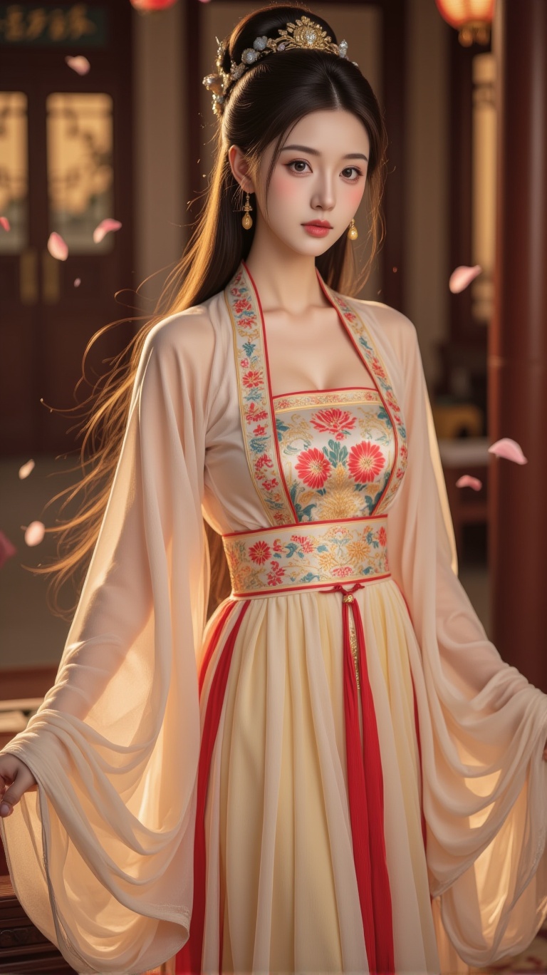 A serene woman adorns a majestic palace setting,  dressed in an exquisite ancient Chinese attire on Tensor.Art