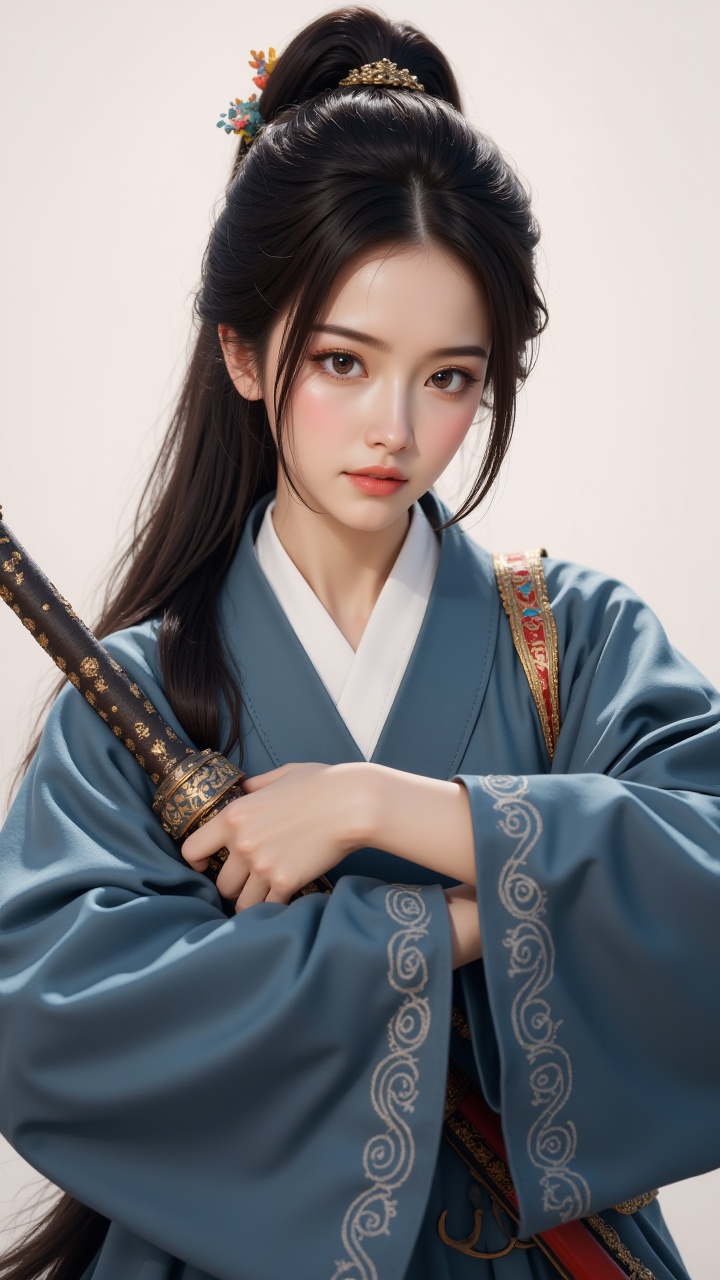 (masterpiece, best quality:1.2),1girl,Embrace Sword,Sword with Sheath,Ancient Chinese Hanfu,brown eyes,black hair,closed mouth,crossed arms,hair ornament,lips,long hair,Hanfu,long sleeves,looking at viewer,ponytail,realistic,Scabbard,sheathed,solo,upper body,wide sleeves,