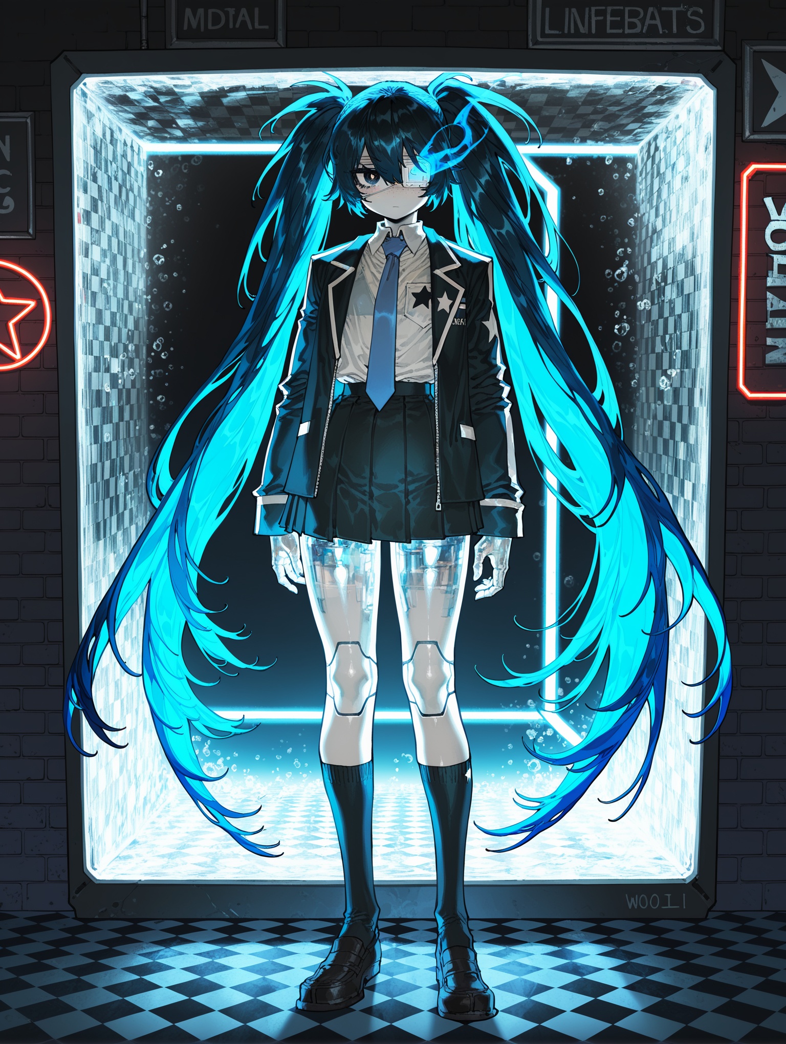 1girl ,black_rock_shooter , optical illusion, ssambatea, quasarcake, Fishine, negative space, see-through_body ,made of, tiny neon glass filaments, w0gf1l, Android, star, solo, glass skin, made of glass,neon light, detailed background, hand out frame, masterpiece, best quality, amazing quality, very aesthetic, absurdres, newest,blue hair,very long hair,twintails,bangs,hair between eyes,medical eyepatch,freckles,school uniform,collared shirt,necktie,jacket,open jacket,long sleeves,pleated skirt,loafers,socks,black eyes,long hair,long sleeves,,masterpiece,best quality,amazing quality,