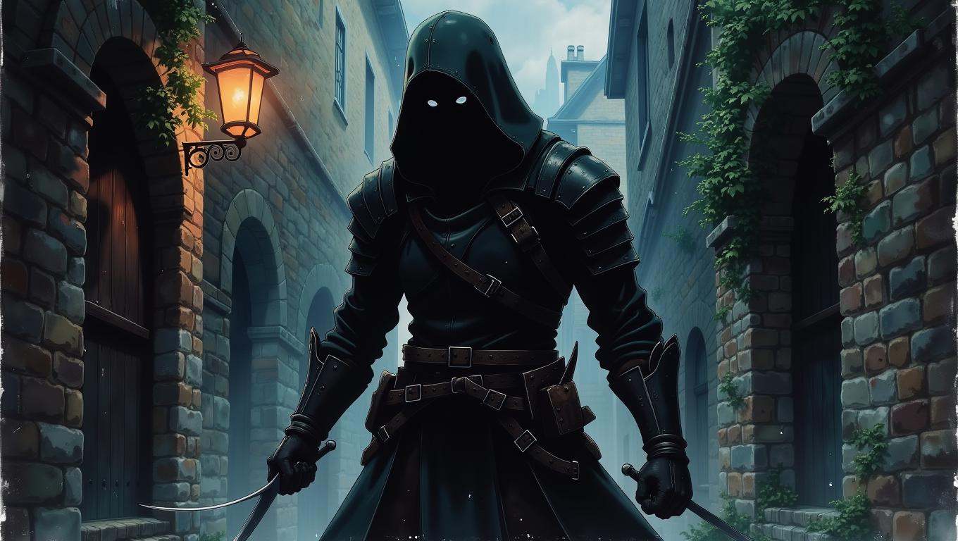 A stealthy medieval assassin,  clad in dark,  form-fitting armor on Tensor.Art