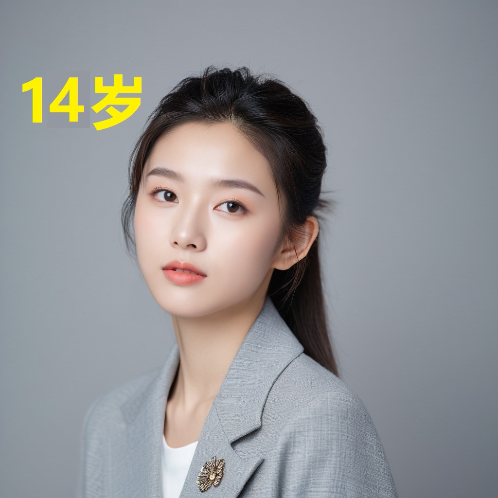 leogirl,A 14-year-old woman,portrait photo,facial focus,photo taken,fashionable and simple,Chinese ethnicity,soft gray background,natural lighting,high-resolution clarity,contemporary portrait,gentle,fashionable and avant-garde,simple accessories,details with strong contrast between skin color and neutral background,looking at the audience,