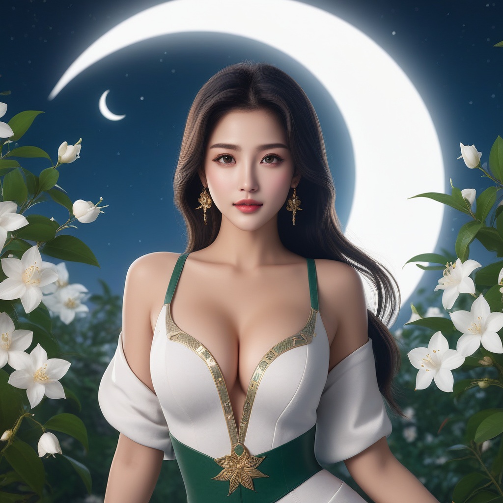 <lora:836-DA-XL-朴正允-绿-B:0.8>, (,1girl, ,best quality, ),,  ,,ultra realistic 8k cg, ,masterpiece, (( , )),, realistic,science fiction,mole, ,     ,crescent moon, jasmine \(flower\),     (cleavage),,  (),