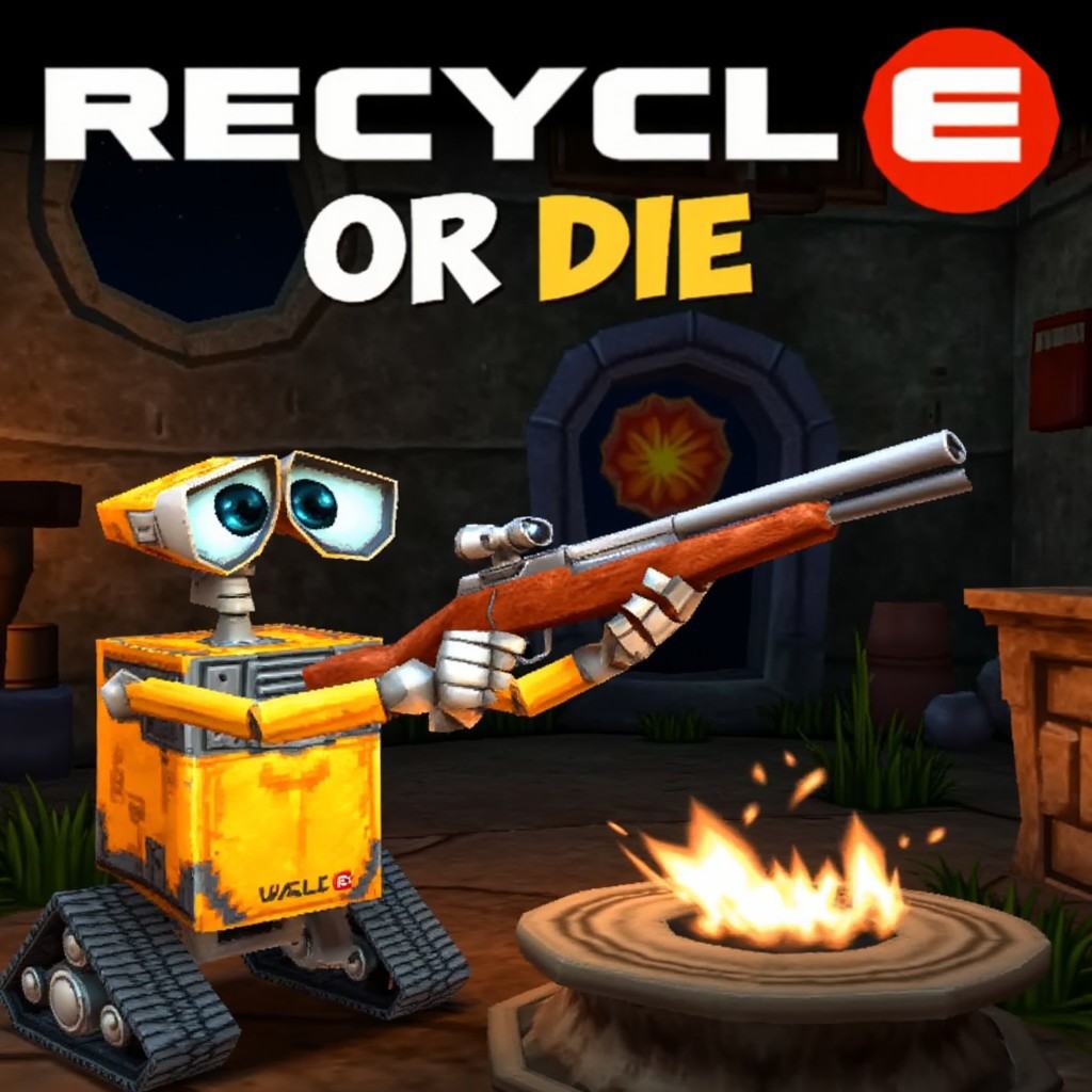 ps1style,  title screen for a game with the title "Recycle or Die". Wall-E is aiming a shotgun at the viewer. on Tensor.Art