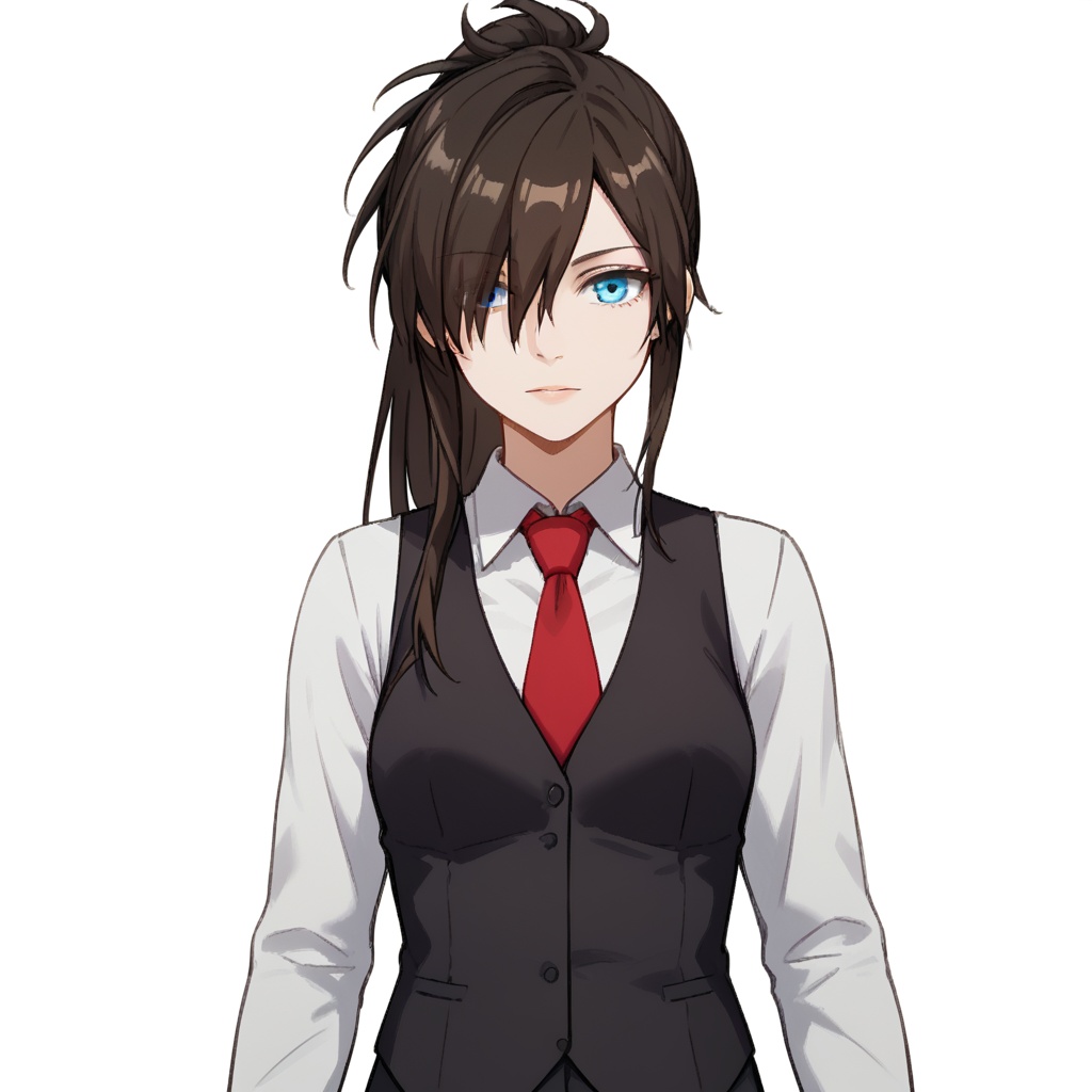 (white background:1.2),looking at viewer,(SOLO:1.4),outline,simple background,upper body, cowboy shot,looking at viewer,(((arms at side))),  wraith, necktie, long hair, shirt, vest, ponytail, white shirt, red necktie, brown hair, hair over one eye, blue eyes, black hair<lora:wraith-pony:0.7>