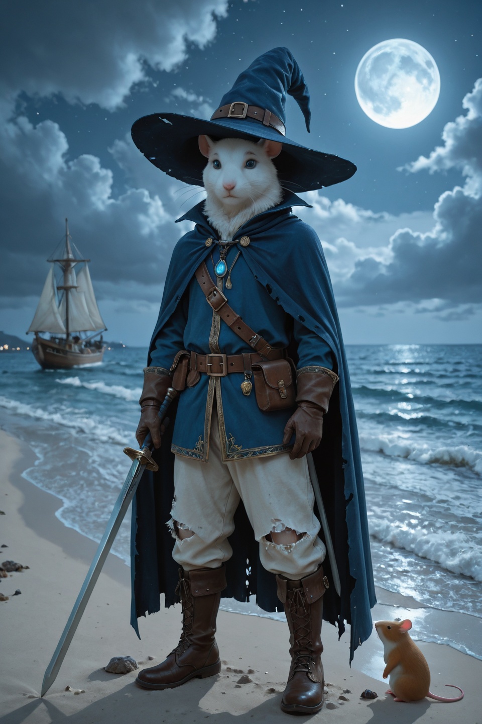 A digital painting of a cute anthropomorphic mouse wearing a witch's hat,  a cape,  and a full moon. The mouse has blue ey...