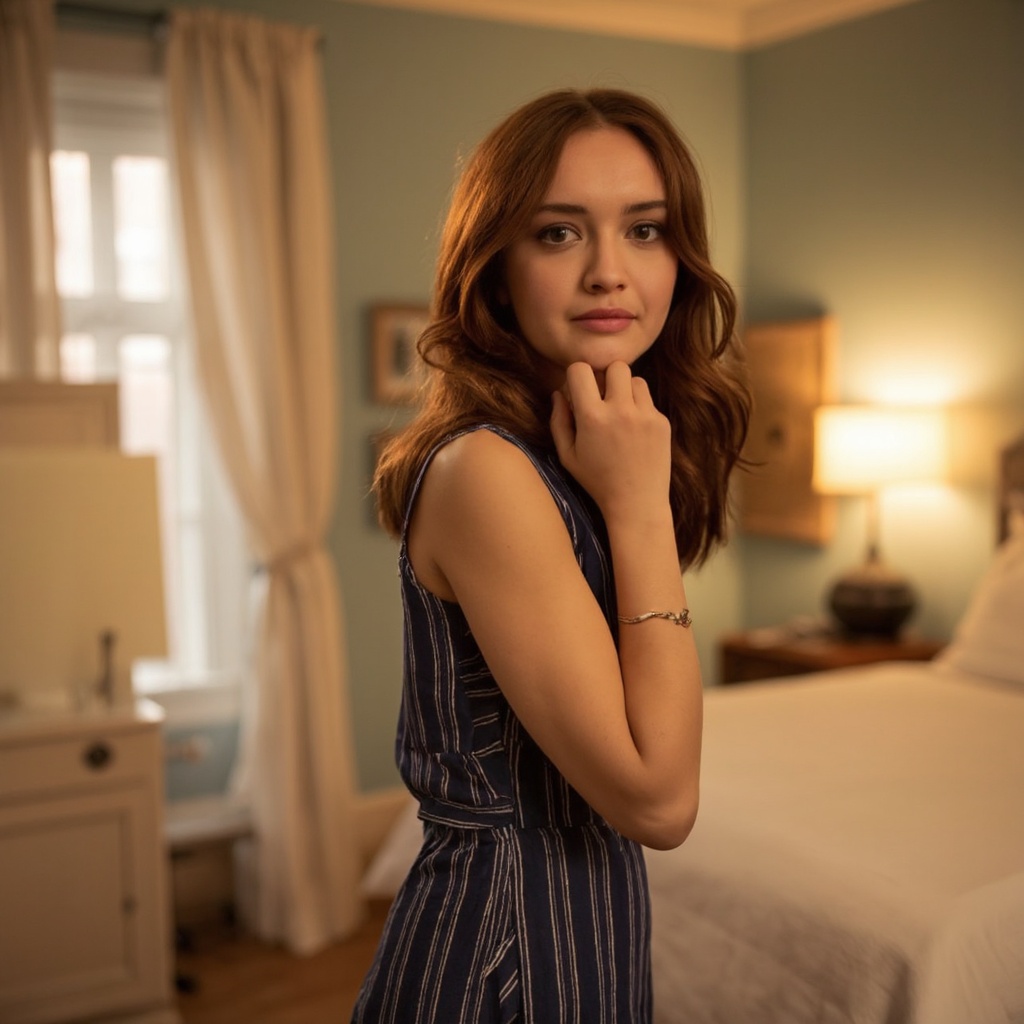 A portrait of olivia_cooke in a serene indoor setting. She wears a sleeveless blue and white striped dress and a silver br...